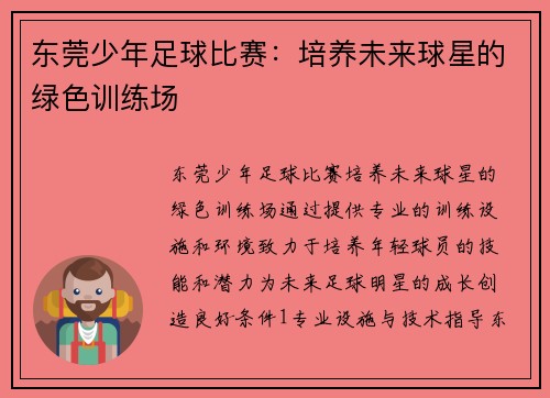 东莞少年足球比赛：培养未来球星的绿色训练场