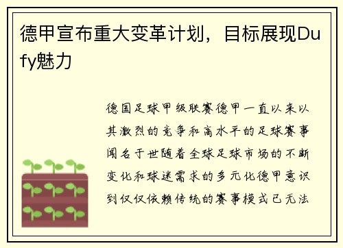 德甲宣布重大变革计划，目标展现Dufy魅力