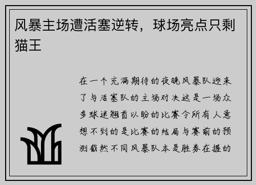 风暴主场遭活塞逆转，球场亮点只剩猫王