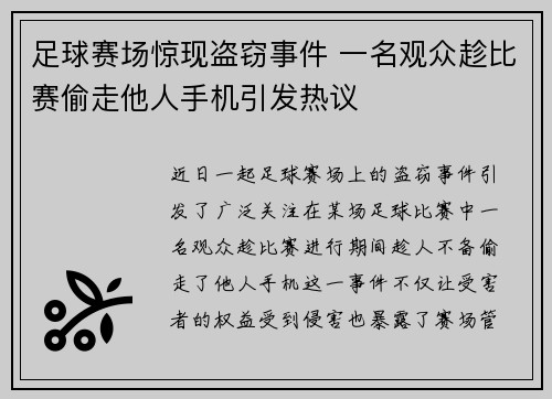 足球赛场惊现盗窃事件 一名观众趁比赛偷走他人手机引发热议