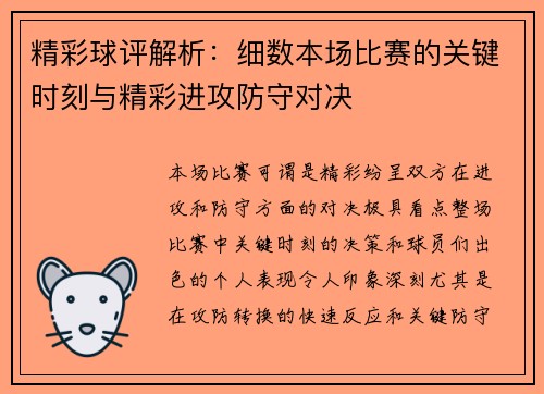 精彩球评解析：细数本场比赛的关键时刻与精彩进攻防守对决