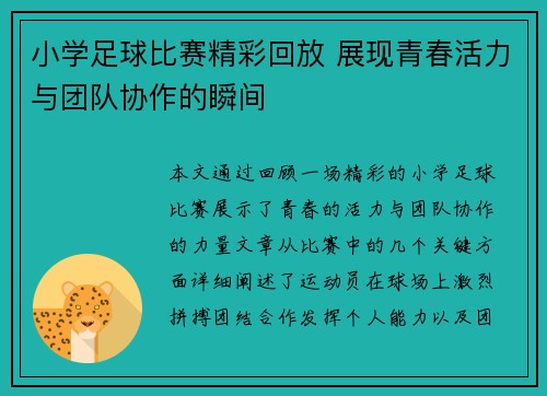 小学足球比赛精彩回放 展现青春活力与团队协作的瞬间
