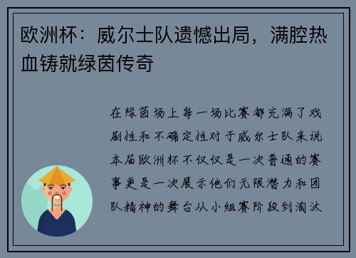 欧洲杯：威尔士队遗憾出局，满腔热血铸就绿茵传奇
