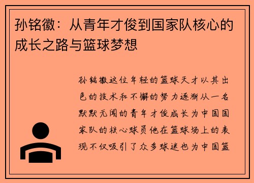 孙铭徽：从青年才俊到国家队核心的成长之路与篮球梦想
