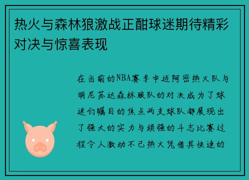 热火与森林狼激战正酣球迷期待精彩对决与惊喜表现