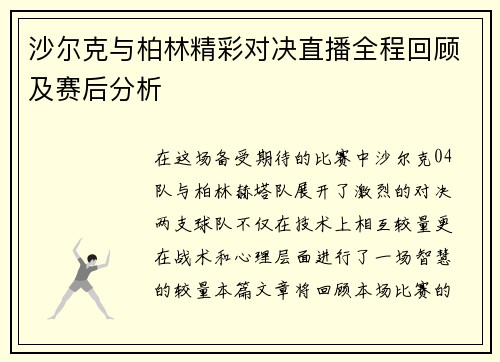 沙尔克与柏林精彩对决直播全程回顾及赛后分析