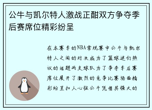 公牛与凯尔特人激战正酣双方争夺季后赛席位精彩纷呈