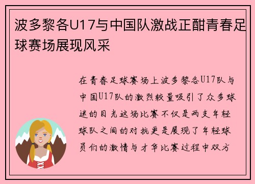 波多黎各U17与中国队激战正酣青春足球赛场展现风采