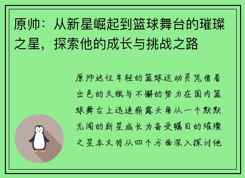 原帅：从新星崛起到篮球舞台的璀璨之星，探索他的成长与挑战之路