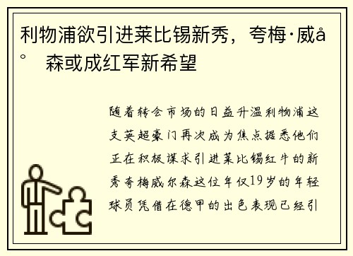 利物浦欲引进莱比锡新秀，夸梅·威尔森或成红军新希望
