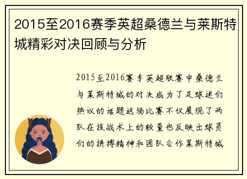 2015至2016赛季英超桑德兰与莱斯特城精彩对决回顾与分析