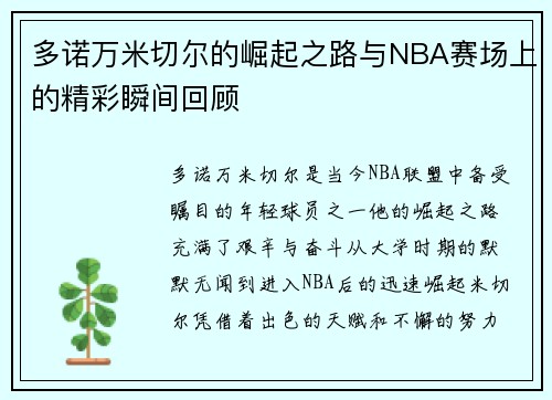 多诺万米切尔的崛起之路与NBA赛场上的精彩瞬间回顾