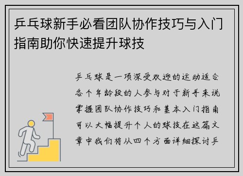 乒乓球新手必看团队协作技巧与入门指南助你快速提升球技
