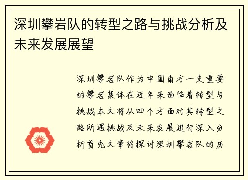 深圳攀岩队的转型之路与挑战分析及未来发展展望