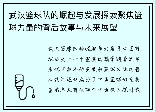 武汉篮球队的崛起与发展探索聚焦篮球力量的背后故事与未来展望